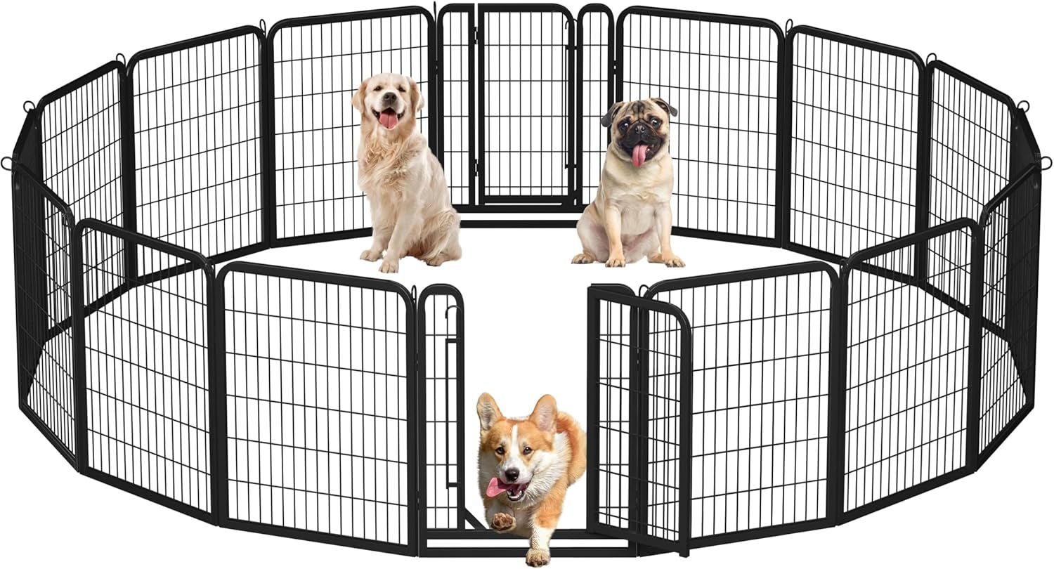 Yaheetech 32In 16-Panel Metal Dog Playpen Fence for Indoor Yard RV Camping | Heavy-Duty Rustproof Frame with Secure Latch Door, Tool-Free Assembly, Foldable Storage, Ideal for Small to Medium Dog Breeds