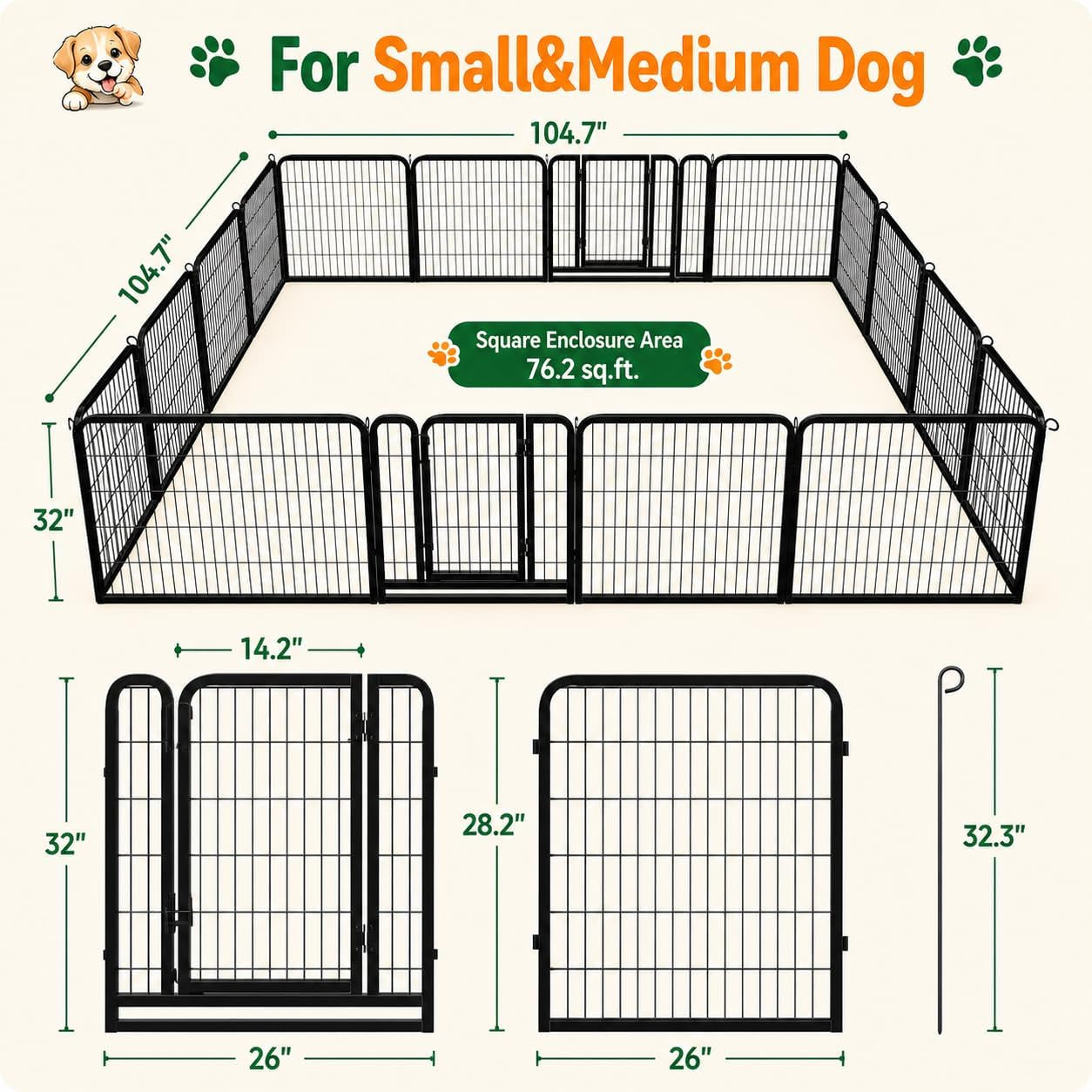 Yaheetech 32In 16-Panel Metal Dog Playpen Fence for Indoor Yard RV Camping | Heavy-Duty Rustproof Frame with Secure Latch Door, Tool-Free Assembly, Foldable Storage, Ideal for Small to Medium Dog Breeds