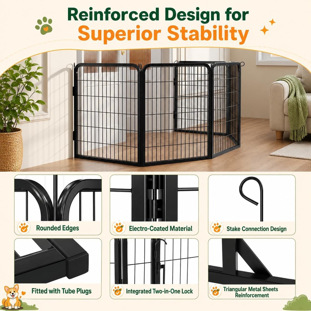 Yaheetech 32In 16-Panel Metal Dog Playpen Fence for Indoor Yard RV Camping | Heavy-Duty Rustproof Frame with Secure Latch Door, Tool-Free Assembly, Foldable Storage, Ideal for Small to Medium Dog Breeds